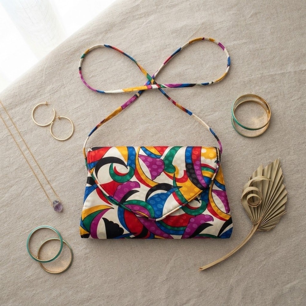 Vintage Crossbody Bag Womens Small Multicolor Abstract Geometric Retro 80s Boho